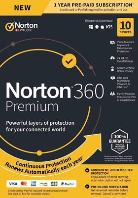 Norton 360 Premium: 75GB Cloud PC Backup for 10 Devices (15-Month Subscription) for $32